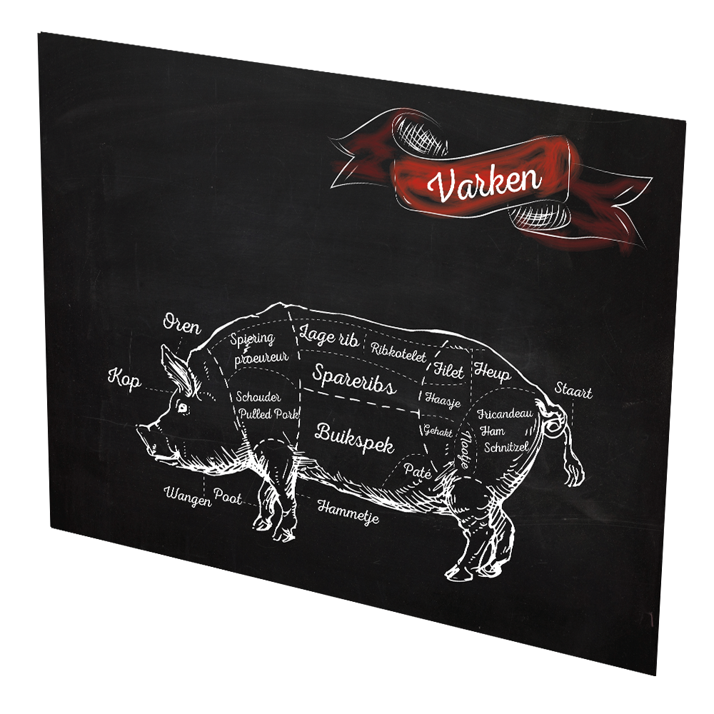 Dibond Aluminium bord van 3mm met een vaste opdruk "Varken met rode vlag"
Afwerking: rechte hoeken