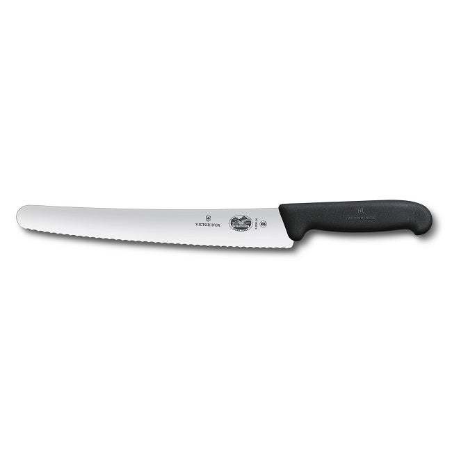 Mes, Victorinox banketbakkersmes, golfsnede, zwart, Fibrox kunststof heft, lemmet 26cm.