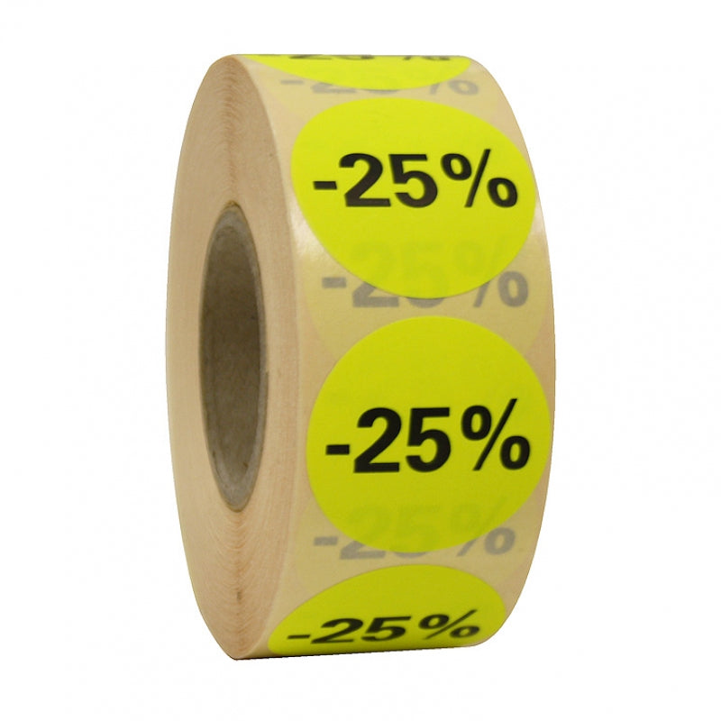 Ronde stickers op de rol fluor geel, Ø35mm, pemanent "25%" (1000st)