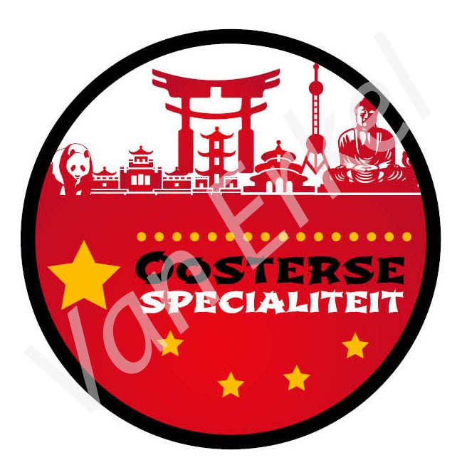 *Sticker rond "Oosterse Specialiteiten" - Ø50mm - Rood - Van Erkel Winkelmaterialen