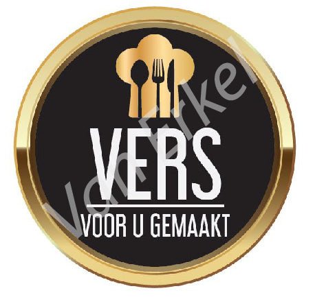 Sticker rond "Vers voor u gemaakt" - Ø50mm - Zwart - Van Erkel Winkelmaterialen