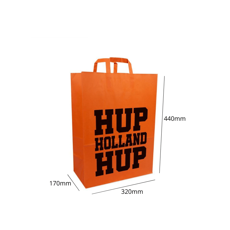 Papieren tassen 'Hup Holland Hup' (250st) - 320x170x440mm - Oranje - Van Erkel Winkelmaterialen