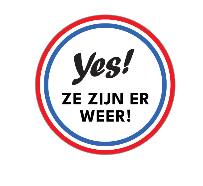 Sticker 'Yes! ze zijn er weer' - Ø30mm - Wit - Van Erkel Winkelmaterialen