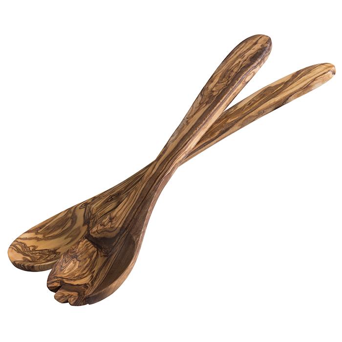 Olijfhouten, lepel en vork, 305mm lang, 60x75mm (2-delig)