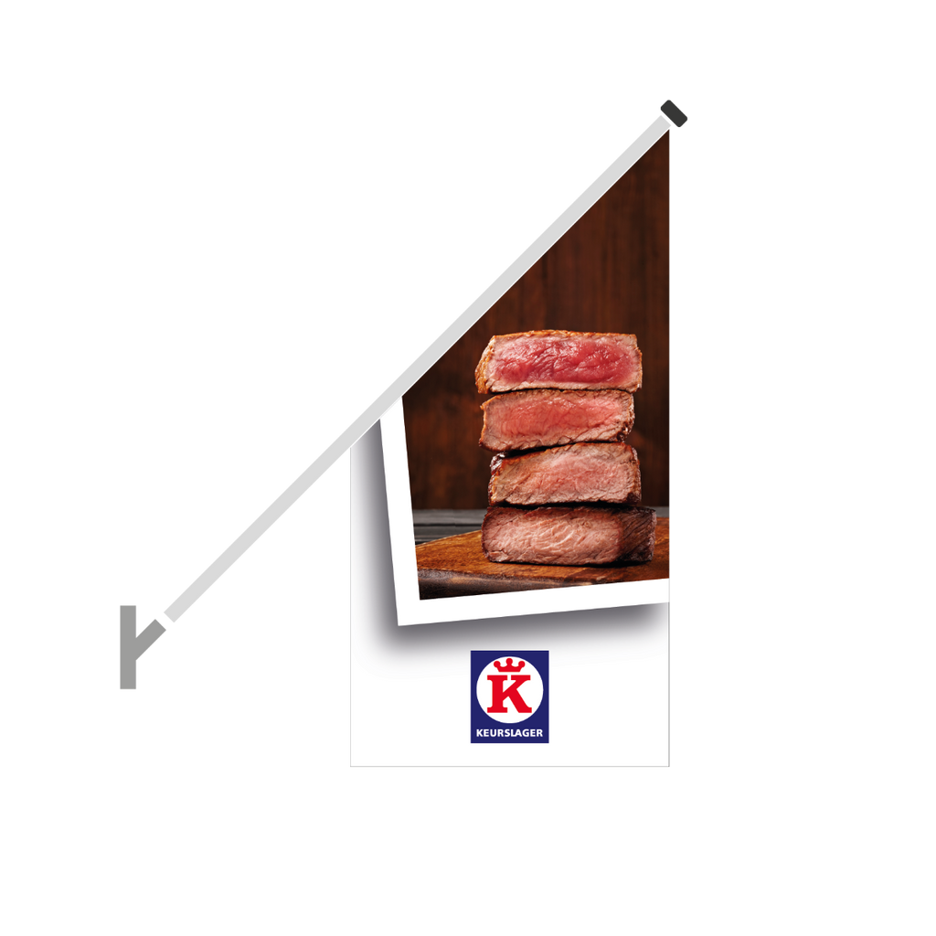 Schuine gevelvlag "Keurslager" wit, opdruk: Stapel biefstuk