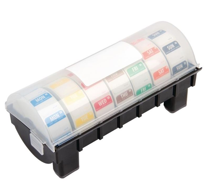 Dispenser voor daglabel stickers kunststof 'Vogue', max. zeven etikettenrollen, met transparant deksel tegen vuil, incl. 7 rollen afneembare dag stickers.