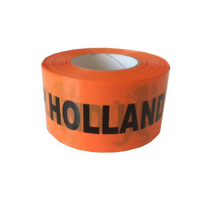 Afzetlint oranje 'Hup Holland Hup' 250m x 75mm,  materiaal is van Polyethyleen, het is grondwaterneutraal en milieuvriendelijk. Dit artikel is niet klevend, plakt niet.