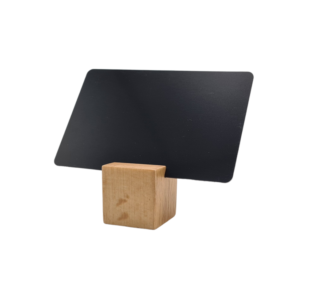 Prijskaarthouder blok, vierkant 25x25mm, hout voor kaart, geschikt voor PVC pasje 85x54mm