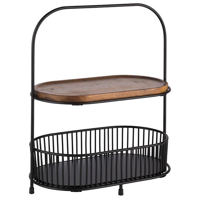 Etagere 2 laags, zwart, metaal, 310x170x375mm (LxBxH), incl. Frame, 2 manden, 2 houten plateau's.