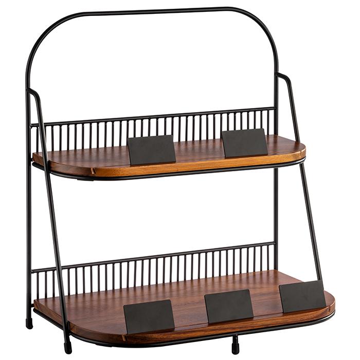 Etagere 2-laags van metaal met hout, zwart/bruin, 210x355mm en 400mm hoog