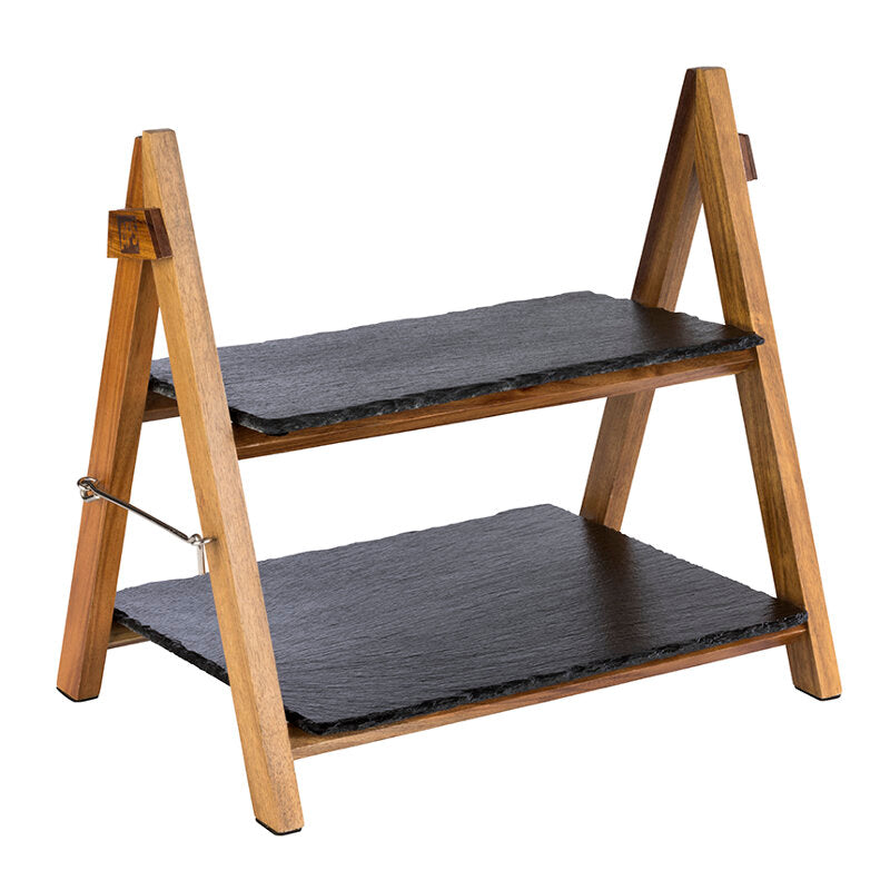 Etagere leisteen 2-hoog rechthoekig met hout