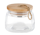 Glazen pot met een hout deksel, /140mm en 110mm hoog, 1L, met silicone rand in het deksel.