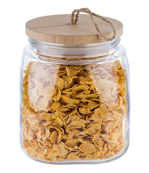 Glazen pot met een hout deksel