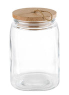 Glazen pot met een hout deksel, /140mm en 215mm hoog, 2.5L, met silicone rand in het deksel.