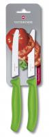 Mes, Victorinox Swiss Modern, tomatenmes, golfsnede, ronde punt, groen, Fibrox kunststof heft, per 2 stuks op een blister.