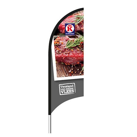 Beachflag grijs "Verstand van lekker vlees" - 1900x700mm - Van Erkel Winkelmaterialen