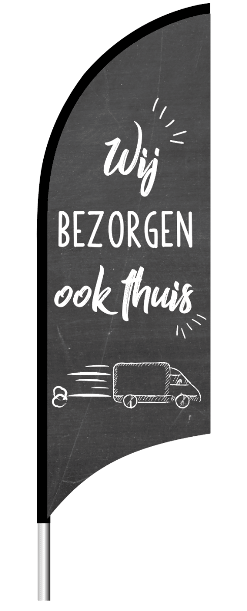 Beachflag "Wij bezorgen ook thuis" - 1900x700mm - Van Erkel Winkelmaterialen