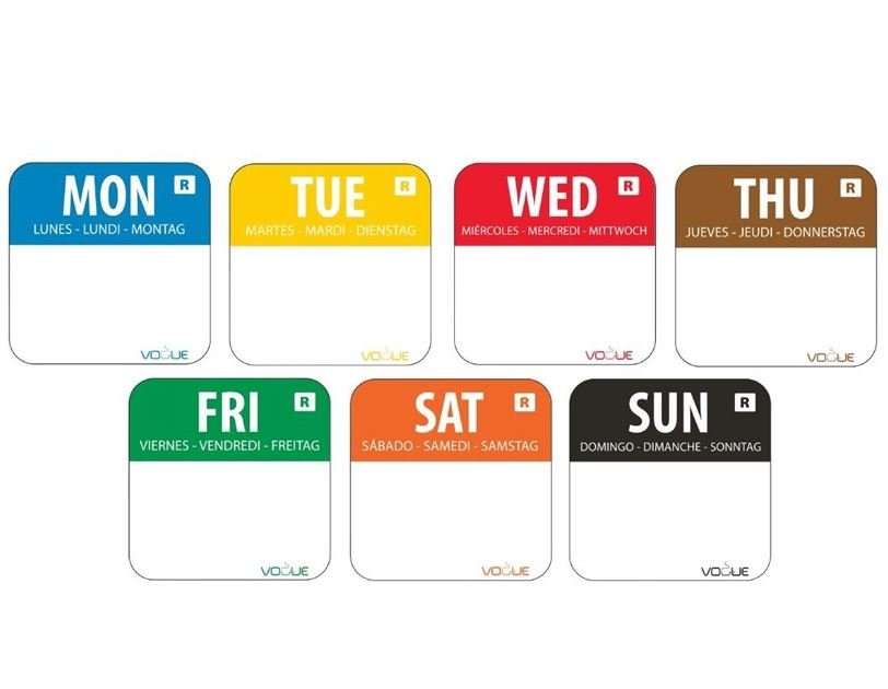 Daglabels (7 weekdagen) - 24x24mm - Verschillende kleuren - Van Erkel Winkelmaterialen