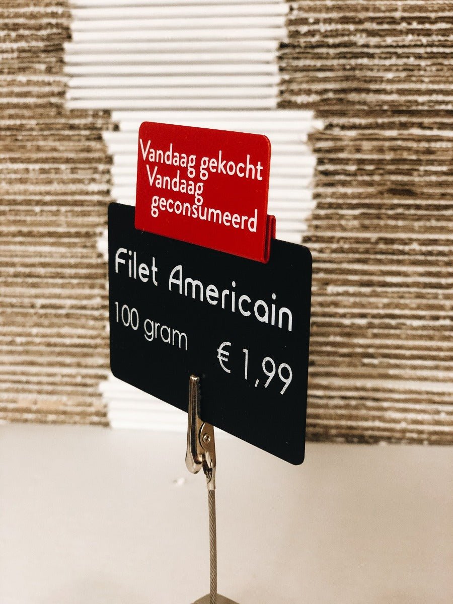 Opzetstukjes 'Vandaag gekocht, vandaag geconsumeerd' (10st) - 54x30mm - Rood - Van Erkel Winkelmaterialen