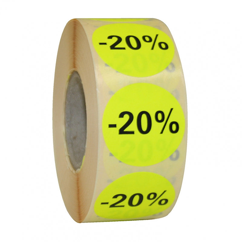 Ronde stickers op de rol fluor geel, Ø35mm, pemanent "-20%" (1000st)