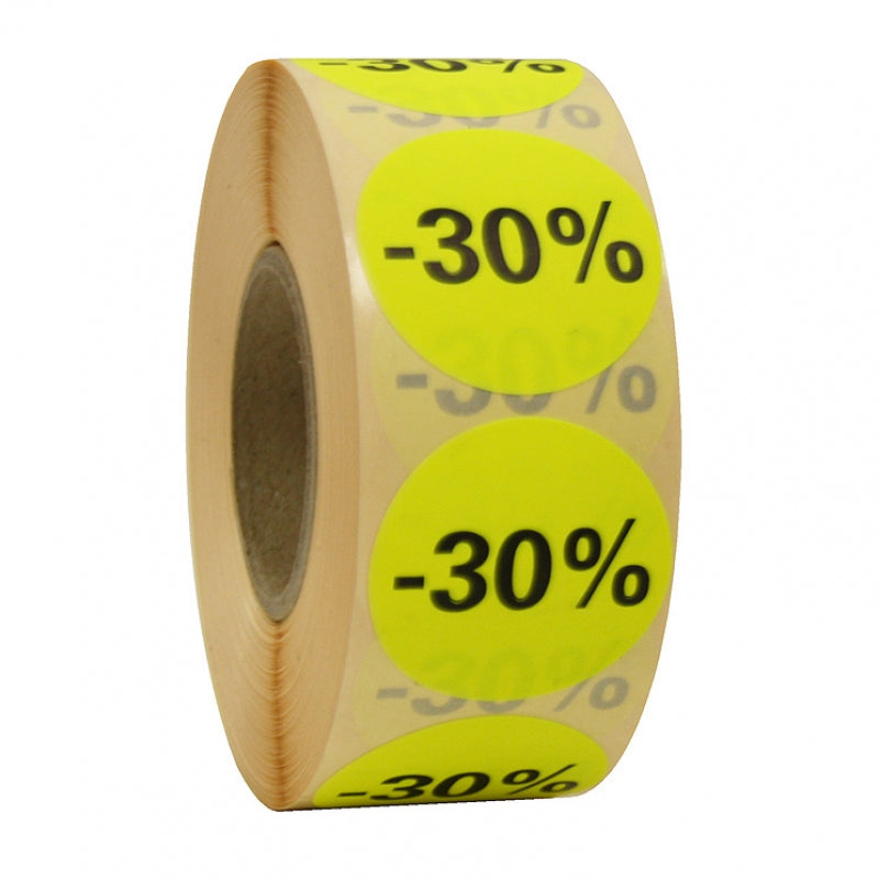 Ronde stickers op de rol fluor geel, Ø35mm, pemanent "30%" (1000st)
