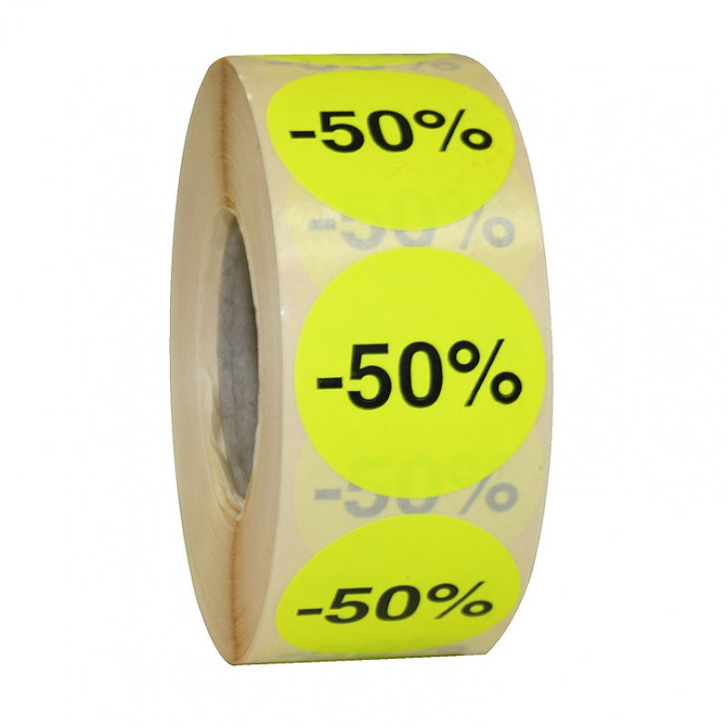 Ronde stickers op de rol fluor geel, Ø35mm, pemanent "-50%" (1000st)