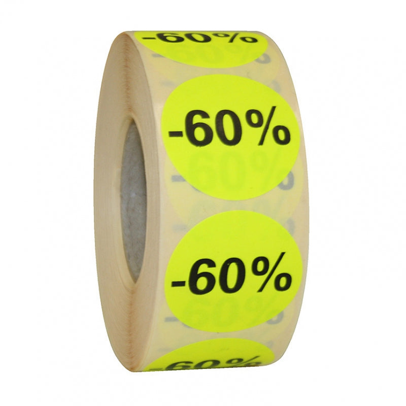 Ronde stickers op de rol fluor geel, Ø35mm, pemanent "-60%" (1000st)