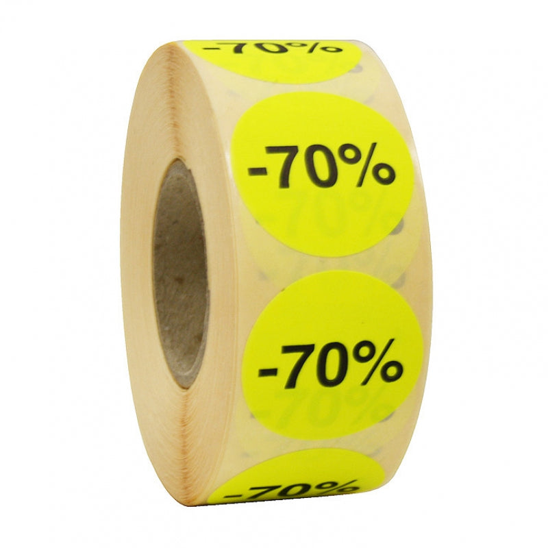 Ronde stickers op de rol fluor geel, Ø35mm, pemanent "-70%" (1000st)