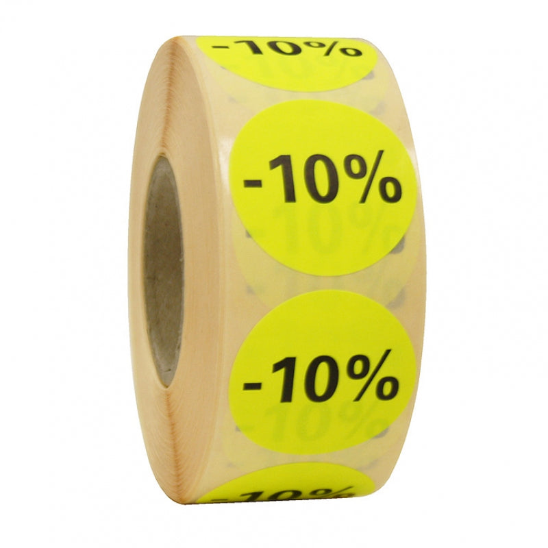 Ronde stickers op de rol fluor geel, Ø35mm, pemanent "-10%" (1000st)