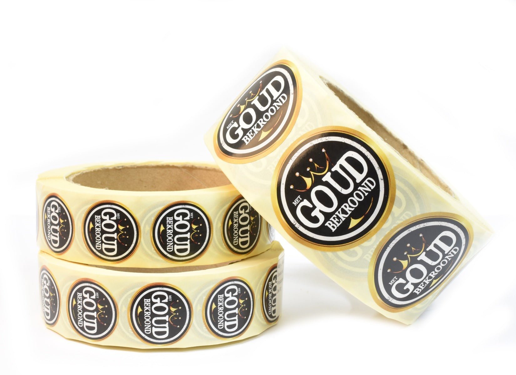 *Sticker "Met goud bekroond" - Ø50mm - Zwart - Van Erkel Winkelmaterialen
