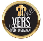 Sticker rond "Vers voor u gemaakt" - Ø50mm - Zwart - Van Erkel Winkelmaterialen