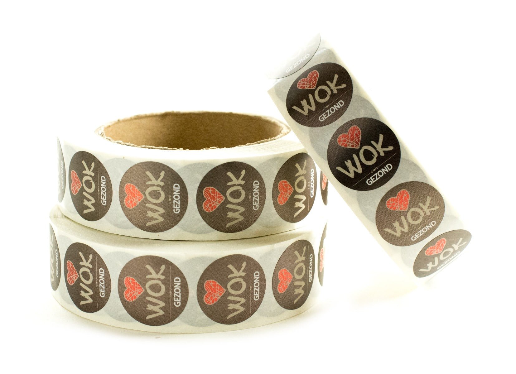 *Sticker rond "Wok Gezond" - Ø28mm - Bruin - Van Erkel Winkelmaterialen