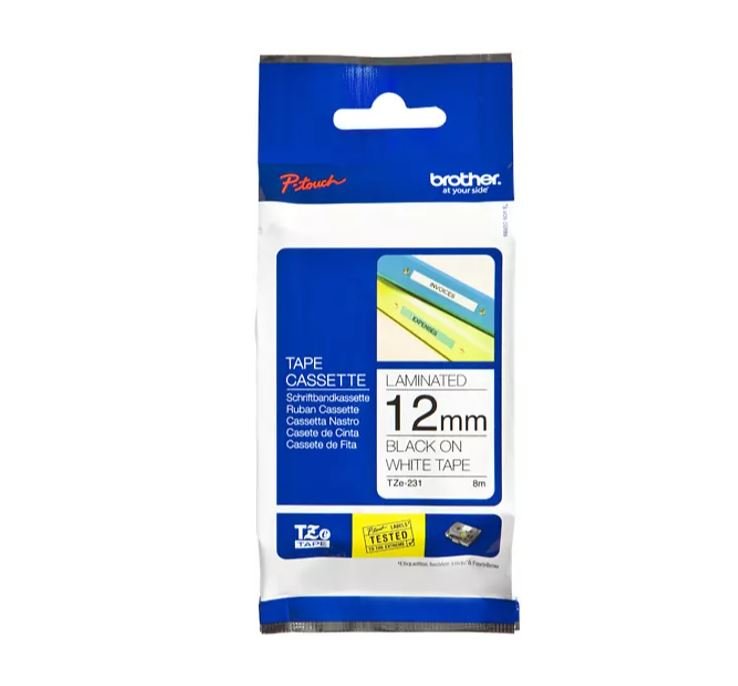 Tape TZE-231 black/white - 12mm - Van Erkel Winkelmaterialen